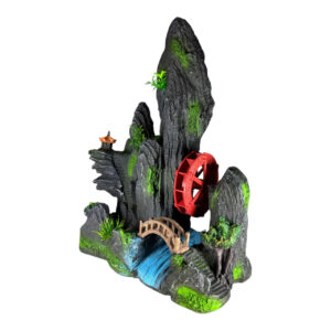 Rock with Waterwheel Large Aquarium Ornament creating a serene Asian-inspired underwater landscape with vibrant moss.