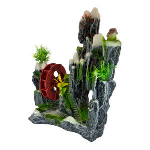 Rock with Waterwheel Aquarium Ornament depicting a mountainous landscape with vibrant red water wheel and greenery.