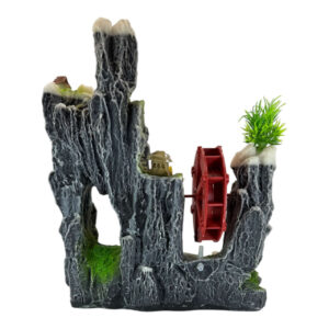 Rock with Waterwheel aquarium ornament showcasing a detailed mountainous scene and vibrant red water wheel.