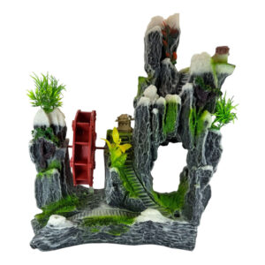 Rock with Waterwheel Aquarium Ornament, detailed resin landscape with vibrant red water wheel and green plants.