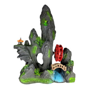 Rock with Waterwheel Large Aquarium Ornament, featuring textured gray rocks, vibrant moss, and a serene waterwheel.
