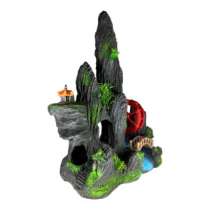 Large aquarium ornament featuring a rock formation, waterwheel, and lush greenery for a serene underwater landscape.