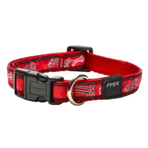 Rogz Fancy Dress Dog Collar in red with bone pattern, made from high-grade nylon for stylish pet dressing.