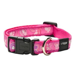 Rogz Fancy Dress Dog Collar in vibrant pink with stylish ribbon design, made from high-grade nylon for dogs' special occasions.