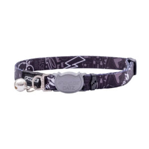 Rogz Fusion Cat Safety Collar featuring colorful designs and adjustable break-away safety buckle for cat comfort.