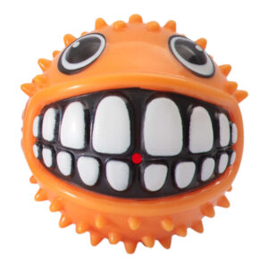 Rogz Grinz Fetch Puffer Fish Toy for dogs, orange spiky squeaky fetch ball with playful Grinz smile design.