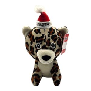 Soft plush Rogz Safari Xmas dog toy with a squeaker, festive Santa hat, and leopard print design, 8 x 13 x 20cm.