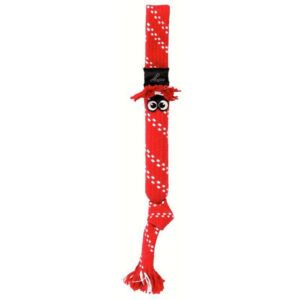 Red Rogz Scrubz Dog Toy with fringed tail and squeaker for dental care and playtime fun.