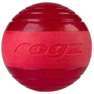 Rogz Squeekz dog toy ball in vibrant red color, designed for fun fetch games with squeaky sound and floating feature.