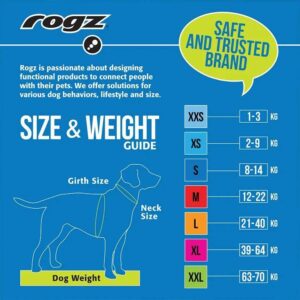 Rogz size and weight guide for dog harnesses showing girth and neck size measurements for various dog sizes.
