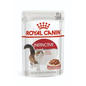 Royal Canin Cat Instinctive Gravy Wet Food Pouch 85g for adult cats with thin slices in gravy. Nutritious feline meal option.