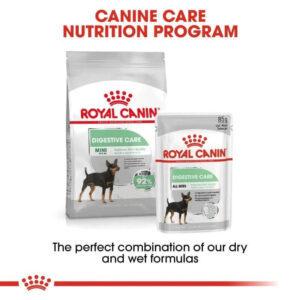 Royal Canin Digestive Care wet and dry dog food packaging showcasing canine nutrition program for healthy digestion.