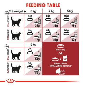 Royal Canin Fit 32 Cat Food feeding table showing recommended daily portions based on cat weight and ideal weight categories.
