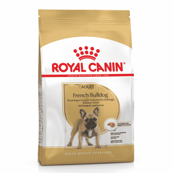 Royal Canin French Bulldog Adult Dog Food bag for dogs over 12 months, supports digestion and skin health.