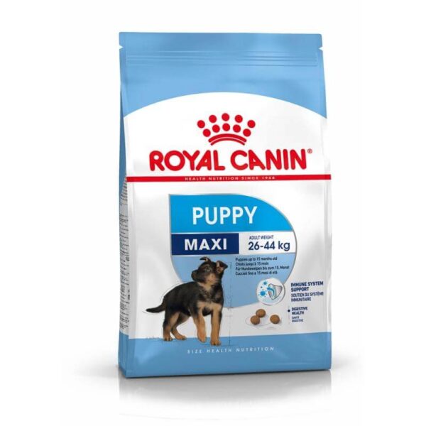 Royal Canin Maxi Puppy Food bag, ideal for large breed puppies aged 2 to 15 months, promoting immune system support.