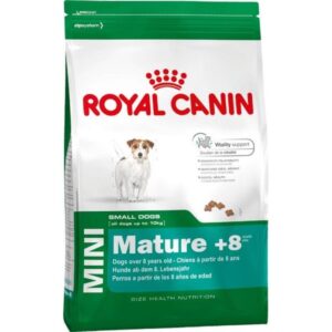 Royal Canin Mini 8+ Adult Dog Food bag for small mature dogs, promoting vitality and health for dogs over 8 years old.