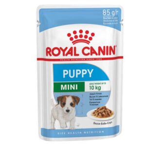 Royal Canin Mini Puppy Wet Food 85g pack for small breed puppies, suitable for dogs up to 10 kg and 10 months old.