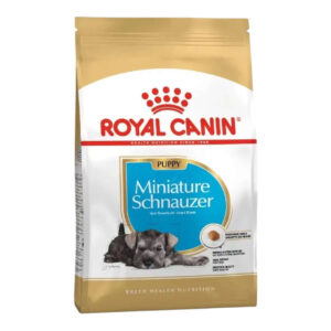 Royal Canin Miniature Schnauzer Puppy food bag for healthy skin and coat support, suitable for growing puppies.