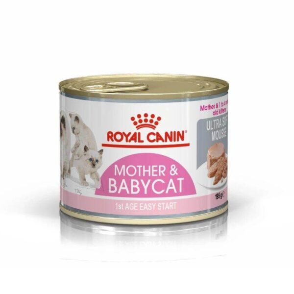 Royal Canin Mother & Babycat Instinctive Mousse 195g can for gestating queens and 1st age kittens in ultra-soft mousse format.