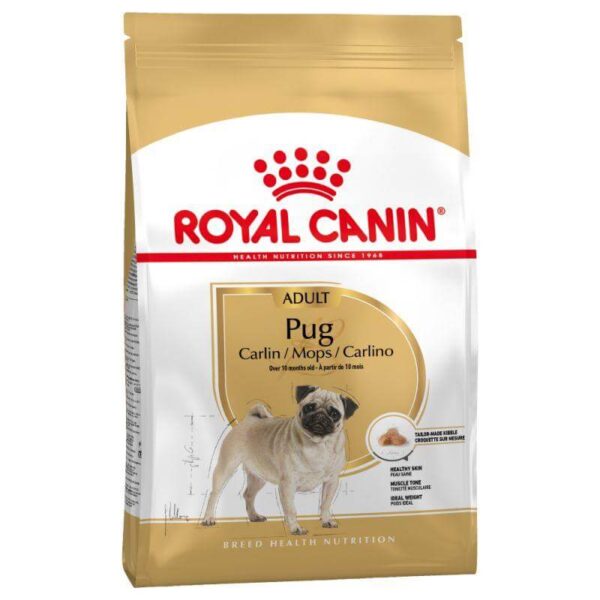 Royal Canin Pug Adult Dog Food 3kg packaging designed for healthy Pugs over 10 months old, promoting skin and muscle health.