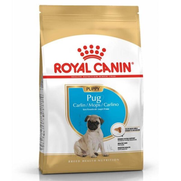 Royal Canin Puppy Pug Dog Food 1.5kg packaging designed for Pug puppies, supports skin health and digestion.