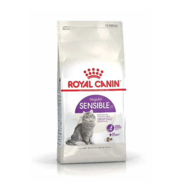 Royal Canin Sensible Cat Food bag for adult cats with digestive sensitivity, promoting feline health and wellness.