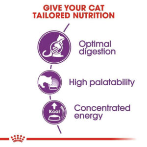 Royal Canin Sensible Cat Food benefits: optimal digestion, high palatability, concentrated energy for tailored nutrition.