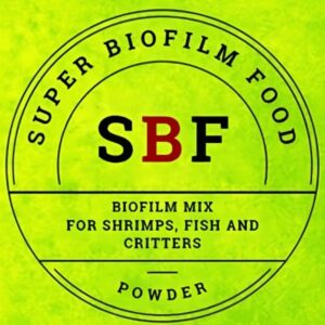 SBF Biofilm Mix powder label for shrimp, fish, and critters with nutrient-rich ingredients for aquatic health.