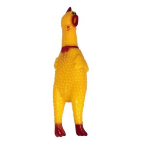 Bright yellow screaming chicken dog toy made of durable, non-toxic material for hours of fun and squeaky play.