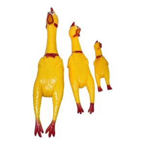 Three vibrant yellow screaming chicken dog toys, designed for fun and durable playtime for pets.