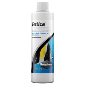 Seachem Entice 250ml bottle, a scent and flavor enhancer for finicky fish eaters in marine and freshwater aquariums.