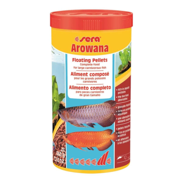 Sera Arowana Floating Pellets 1L, complete food for large carnivorous fish, rich in protein and easily digestible.
