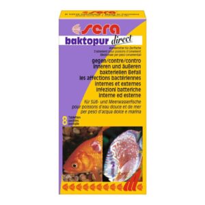 Sera Baktopur Direct Tablets packaging for treating bacterial infections in freshwater and marine fish.