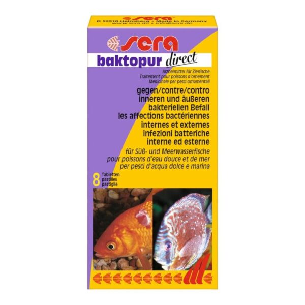 Sera Baktopur Direct Tablets packaging for treating bacterial infections in freshwater and marine fish.
