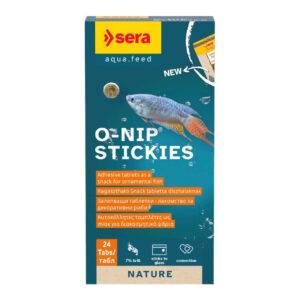 Sera O-Nip Stickies pack of 24 tablets for ornamental fish snack, rich in protein with no dyes or preservatives.