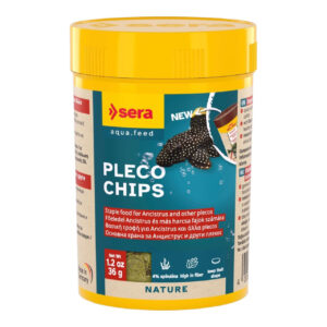 Sera Pleco Chips for Ancistrus and plecos, nutritious sinking food for healthy digestion, 36g container.