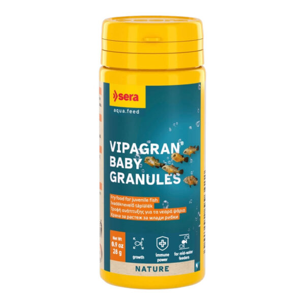 Sera Vipagran Baby Granules for juvenile fish, nutritious, sinking micro granules with 4% insect meal for optimal development.