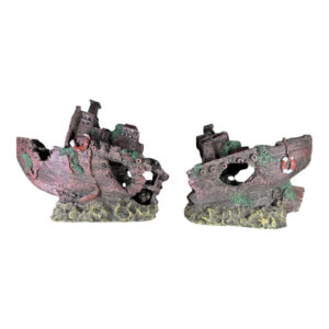 Shipwreck Two Halves Aquarium Ornament adding rustic charm to aquariums with intricate detailing and weathered look.
