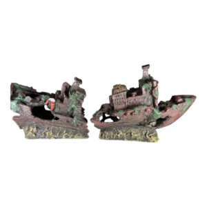 Shipwreck two halves aquarium ornament featuring detailed miniature shipwrecks in rustic colors.