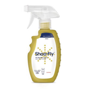 Shoo-Fly Spray Repellent for dogs and horses in a spray bottle, effective against biting flies and pests.