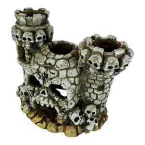 Skull Castle Ornament for aquariums, featuring skull towers and gothic design, enhancing underwater decor.