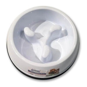 Slow feeding pet bowl with raised patterns to promote healthy eating and digestion in pets.