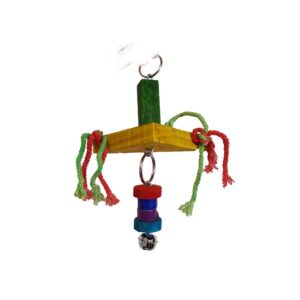 Colorful small bird toy with rope and bell, designed for entertainment and natural play. Made from wood and durable materials.