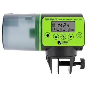 Smart Fish Auto Feeder AF-2019B with LCD screen and adjustable feeding settings for aquariums, 200ml capacity.