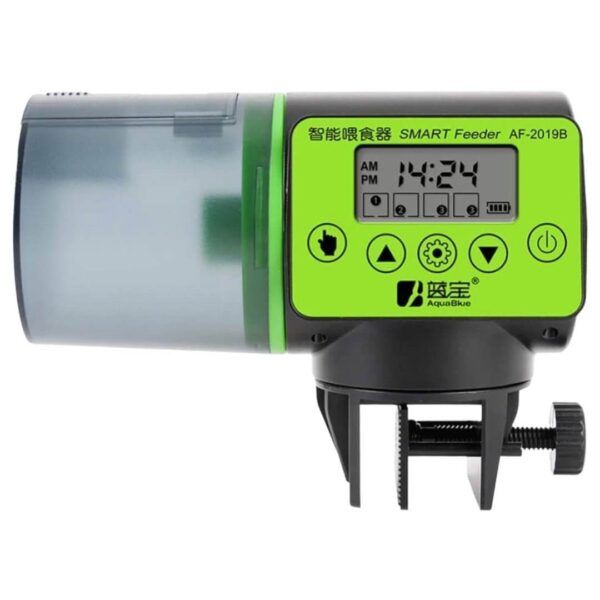 Smart Fish Auto Feeder AF-2019B with LCD screen and adjustable feeding settings for aquariums, 200ml capacity.