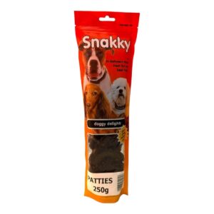 Snakky Doggy Delights Treats 250g package featuring appetizing pet treats for dogs in a resealable bag.
