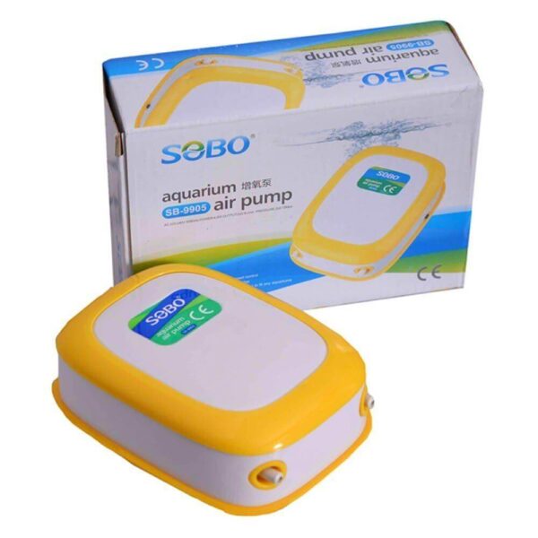 SOBO SB9905 double outlet aquarium air pump with packaging, designed for efficient oxygenation in fish tanks.