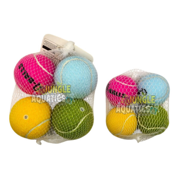Squeaky Tennis Balls 4 Pack in vibrant colors, perfect for dog playtime and fetch.