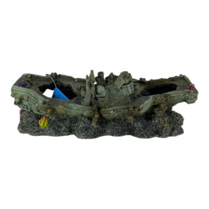 Sunken aircraft carrier aquarium ornament with detailed stone finish and colorful coral accents for aquatic decor.