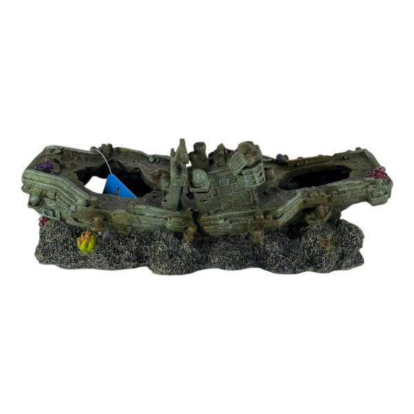 Sunken aircraft carrier aquarium ornament with detailed stone finish and colorful coral accents for aquatic decor.